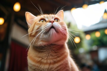A close-up of an orange tabby cat looking upwards