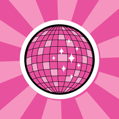 pink disco ball groovy sticker, cute round badge on groovy background, retro style vector illustration for disco party, retro music poster, parties, festivals, dance club