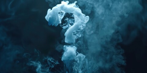 Smoke forming the shape of a big question mark, illustrating the concept of smoking, pollution caused by internal combustion engines and uncertain future of fossil fuels, in tones of blue, copy space