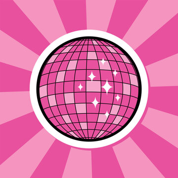 pink disco ball groovy sticker, cute round badge on groovy background, retro style vector illustration for disco party, retro music poster, parties, festivals, dance club