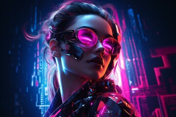 Stylish woman in cyberpunk attire posing with vivid neon lighting and futuristic cityscape backdrop
