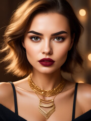 A woman with a gold necklace and red lipstick
