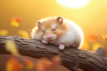 Small hamster peacefully sleeping on a tree branch