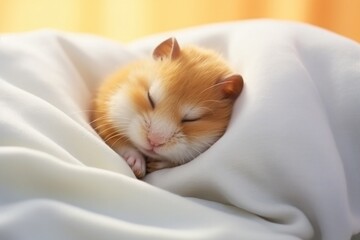 Small hamster peacefully sleeping on the bed
