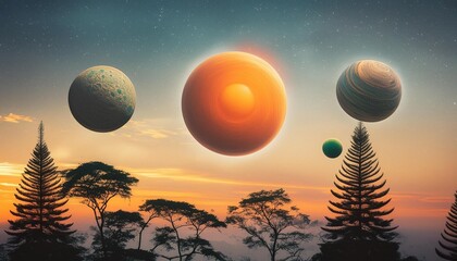 a painting of three planets in the sky with trees in the foreground and an orange sun in the middle of the sky with trees in the foreground - Powered by Adobe
