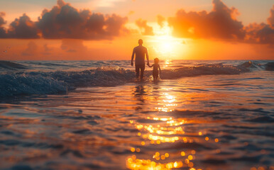 Father and son playing on the beach at the sunset time. Concept of friendly family.
