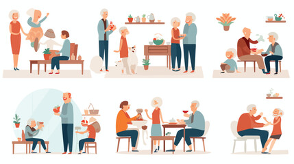 Set of scenes with grandparents and children flat s
