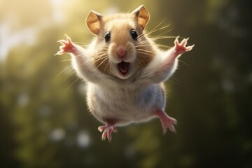 A flying hamster in mid-air with an excited expression on his face
