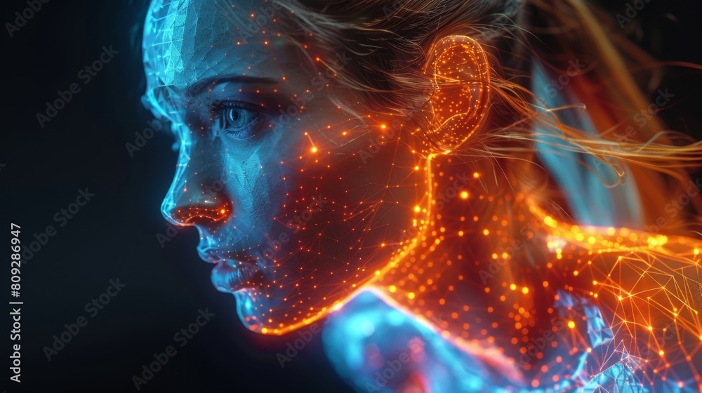 Poster A womans face is illuminated by glowing lights in the background, creating a mesmerizing and futuristic effect.