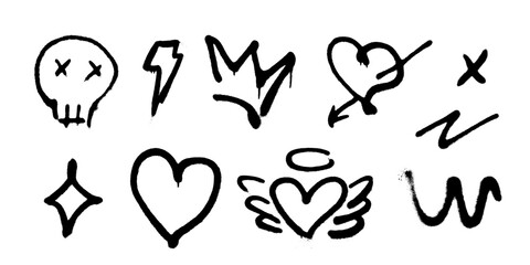 Graffiti drawing icons. Set of spray painted symbols like skull, heart with arrow, crown and lightning.
