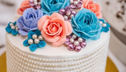 a close up of a cake decorated with flowers and pearls on a white cake with blue and pink flowers on it