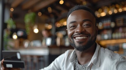 Confident African Man Smiling and Holding Credit Card in Modern Cafe