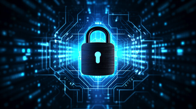 Illustration of digital padlock, symbolizing cybersecurity, amidst complex network of glowing blue circuits, intricate patterns represent complexity of online security systems, services or products