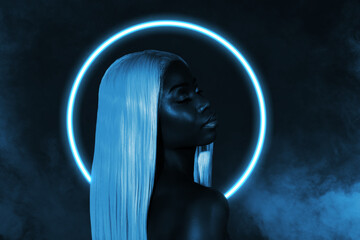 Creative poster collage of sensual young stunning attractive peaceful afro woman neon light...