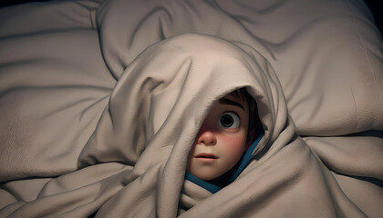 ein Kind Junge liegt nachts unter grauer Bettdecke ängstlich halb versteckt eingewickelt im Bett und fürchtet sich vor etwas, Alptraum träumen fürchten Angst schlaflos verängstigt 