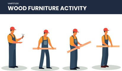 Male carpenter work In carpentry workshop. Isolated carpenter wearing uniform and protective helm vector illustration