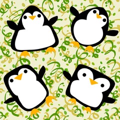 Cartoon festive animals seamless birthday decor and penguin pattern for wrapping paper and fabrics