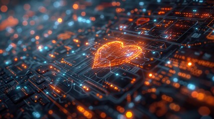 A computer circuit board featuring a heart-shaped design, highlighting the fusion of technology and emotion in modern electronics.