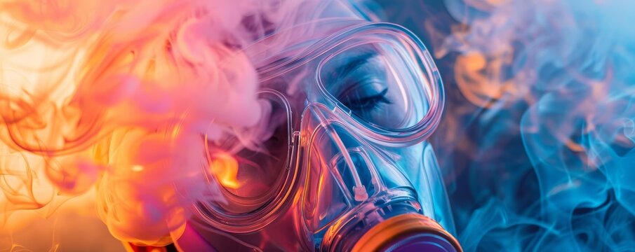 A closeup of an anesthetic mask emitting colorful, swirling vapors