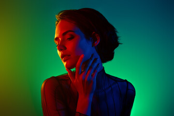 Photo of woman touch hold hands chin look aside isolated gradient bright color background