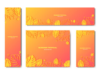 Set of colorful summer banner, background with tropical plant leaves. Vector illustration