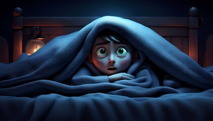 ein Kind Junge liegt nachts unter einer Bettdecke ängstlich halb versteckt im Bett in einem Kinderzimmer und fürchtet sich vor etwas, Alptraum träumen fürchten Angst schlaflos verängstigt 