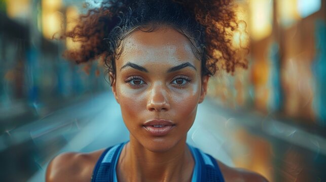 A woman wearing a blue tank top is facing the camera, making direct eye contact.