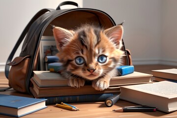 cute kitten with textbooks, backpack and other school supplies