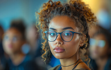 Young woman with glasses. A female university student in a seminar