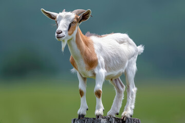 Young goat stands on wooden pole in meadow. A goat standing on top of an old wooden post
