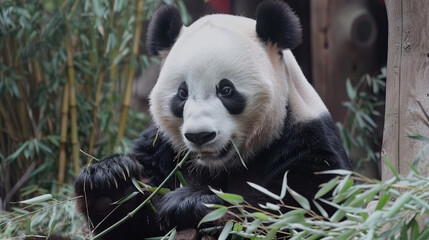 Obraz premium Cheerful facial expression of the panda as it relishes its meal voraciously.