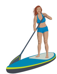 paddleboarding paddle boarding SUP, female standup paddler, paddling isolated on a white background