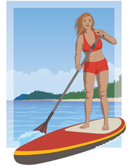 paddleboarding paddle boarding SUP, female standup paddler, paddling on calm water with blue sky in the background