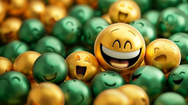 Adorable funny emoji in vibrant green and glittering gold colors illustration for sale