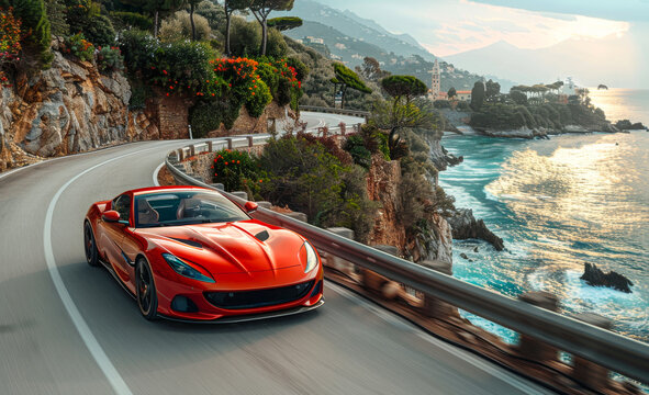 Red luxury sports car driving on the road by the sea