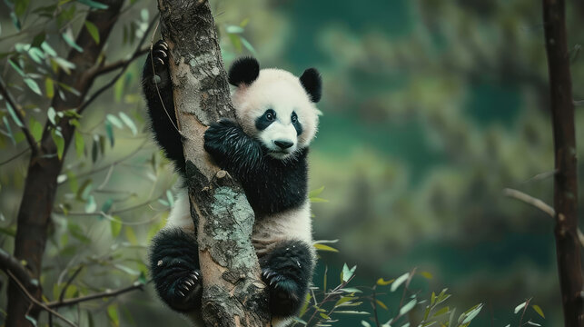 Agile expression reflected on the face of a panda climbing a tree at Wolong National Nature Reserve.