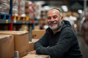 Fototapeta premium Confident mature warehouse worker smiling in logistics center