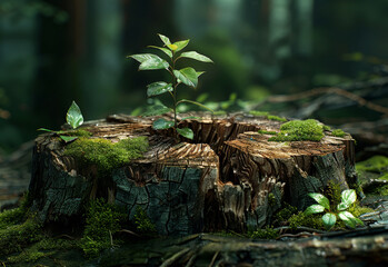 Small tree sprouts from stump in the forest. A tree stump with its top cracked open
