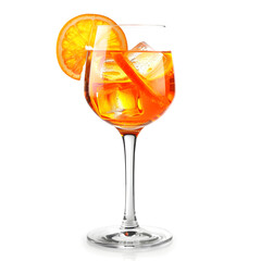 Alcoholic Aperol Spritz cocktail in glass with orange slices, isolated on white background. Perfect for summer parties and happy hour.