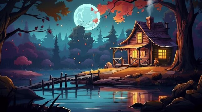Glowing house by the lake with wooden bridge in fantasy landscape under the full moon night sky
Seamless looping 4k time-lapse virtual video animation background. Generated AI