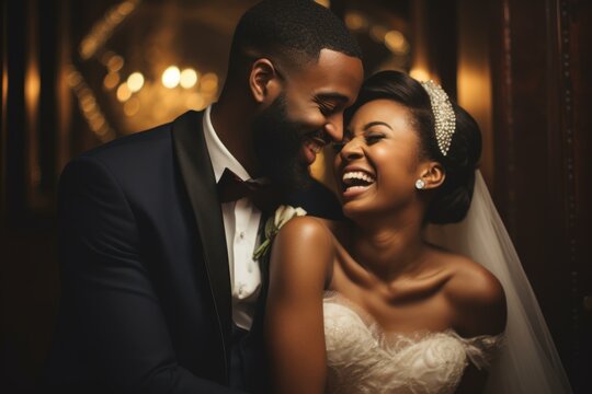 Joyous bride and groom sharing an intimate moment on their wedding day