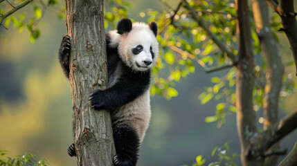 Charming action of a panda climbing a tree with agility amidst the breathtaking natural scenery.