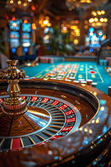 Roulette table in casino. Casino game table with roulette and cards close-up
