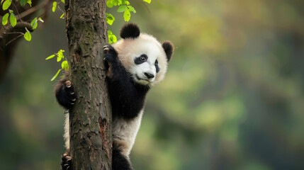 Obraz premium Enthusiastic expression reflected on the face of a panda climbing a tree with zeal.