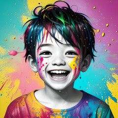 lachendes Kind Mädchen Junge voller Freude in schwarzweiß voller bunter Farb Spritzer in Haaren und Gesicht auf Kleidung vor einer regenbogen farbenen Wand, kindliche Freude Fantasie entspannt Lachen