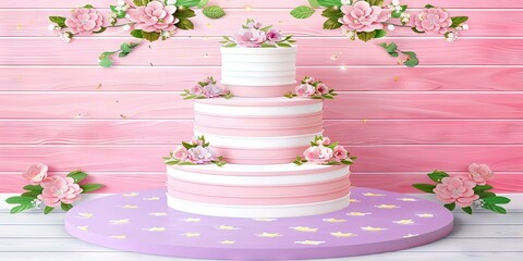 pink cake with pink and white frosting and pink roses on pedestal 