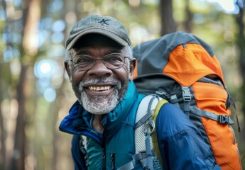 Fototapeta premium Senior black man smiles while hiking in forest, embracing exercise for wellness and healthy lifestyle. Fresh air invigorates the mature gentleman's face