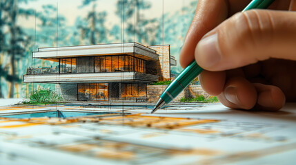 The hand of an architect is drawing a blueprint of a modern house with a green pen.