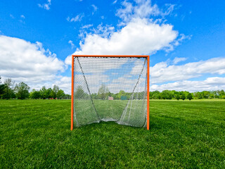 Sports Net in a Grassy Green Field. Front view of a lacrosse net set on a grassy green field....