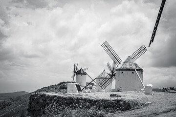Photographs of old windmills in Castilla La Mancha